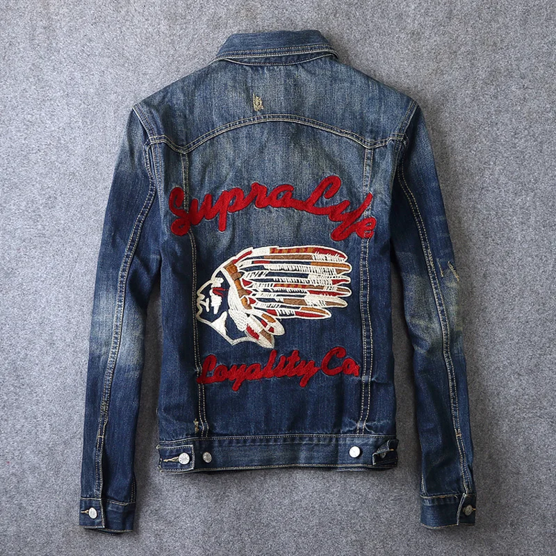 

Vintage Deisgner Fashion Men Jackets Indian Chief Pattern Embroidery Retro Denim Jacket Men Coats Streetwear Hip Hop Chaqueta