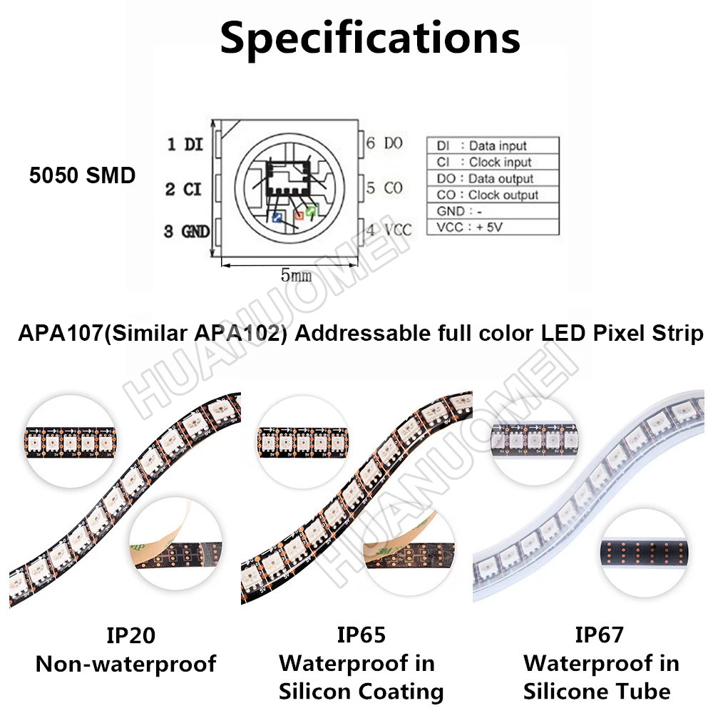 1 м/2 м/5 м APA107 Светодиодные ленты RGB пикселей Лента светильник, 5V 5050 SMD адресуемых Smart 30/60/72/144 светодиодный s/m, белый/черный печатных плат, IP20/IP65/IP67