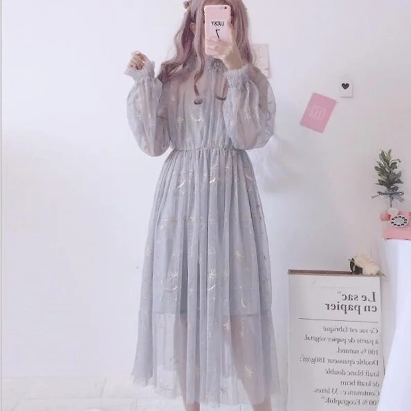 Женское фатиновое платье из 2 предметов в японском стиле Харадзюку бежево серое