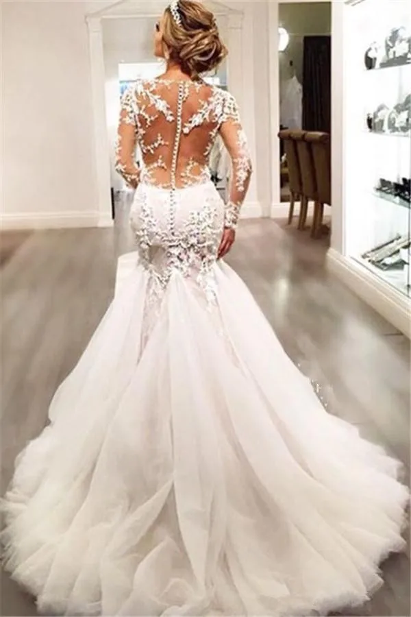 Прозрачные Vestido De Noiva мусульманское свадебное платье Русалка с длинными рукавами тюль с бусами свадебное платье в богемном стиле свадебное платье