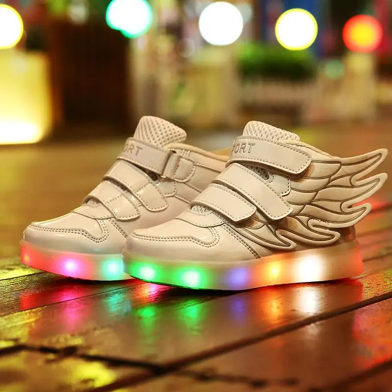2016 luminous LED light children sneakers boys girls shoes pu leather high top fashion wings kids casual sport | Детская одежда и