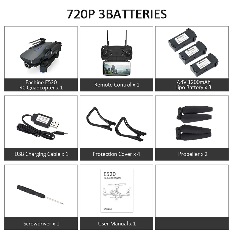 720P 3Batteries Eachine E520 Wi-Fi FPV Дрон 4 K/1080 P HD широкоугольная камера высота удержания Складная воздушная видео Квадрокоптер самолет Модернизированный E58 - Color: 720P 3Batteries