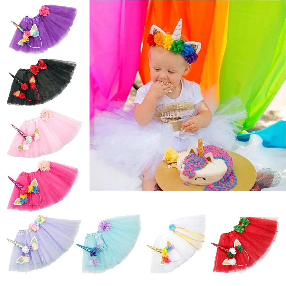 

Baby Fluffy Tulle Skirt Girls Pastel Tutu Skirts Ballet Pettiskirts with Flower Ribbon Bow and Unicorn Hairbow Kids TuTu Skirt