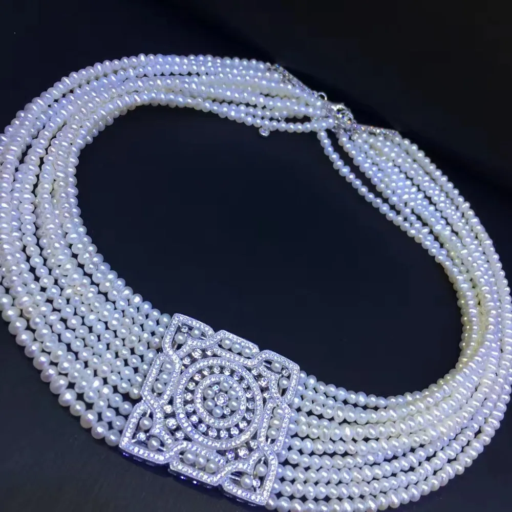 ?? 3〜4ミリメートル天然淡水パールチョーカーネックレス925スターリングシルバースクエア細かい女性ジュエリーパーティーネックレス