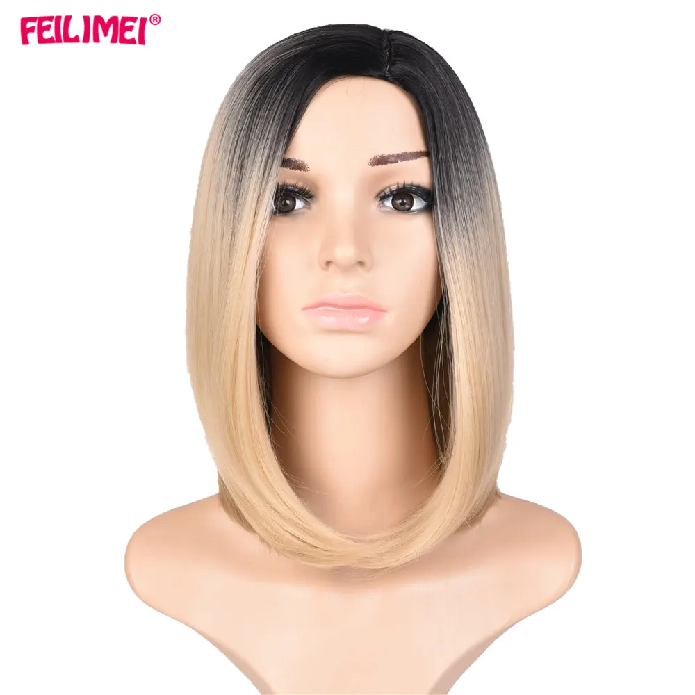 

Feilimei Short Straight Bob Wig 160g Synthetic Hair Ombre Blue Gray Blonde Black Purple Colored Cosplay Wigs