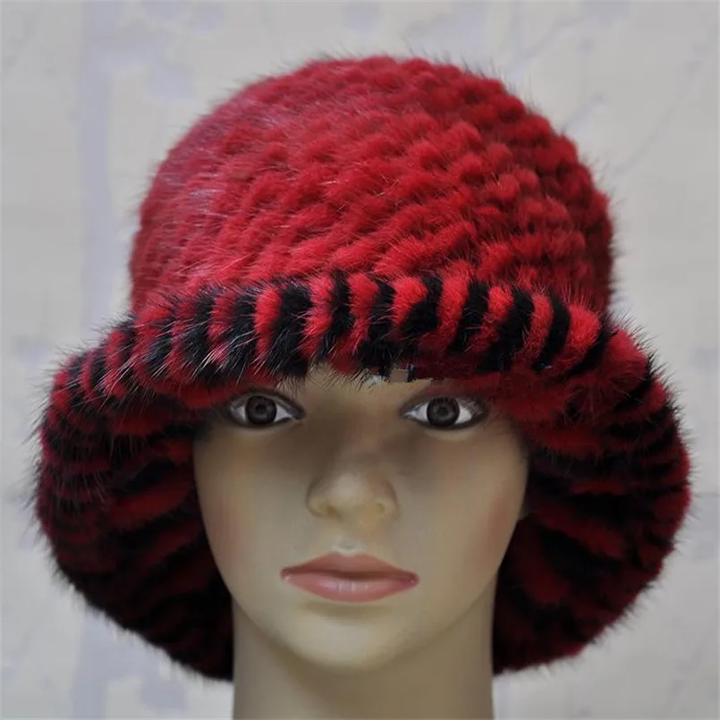 dark red color Зима реального норки меховые шапки женские головные уборы шляпы белая шляпа Федора Женские винтажные женские трикотажные теплые меховые Шапки H218 - Цвет: dark red color