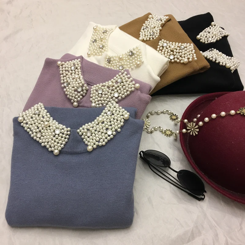 ALPHALMODA Beaded Collar Pullover Women Sweet Jumpers 2017 Winter New Ladies Solid Color Graceful Bottom Sweater | Женская одежда