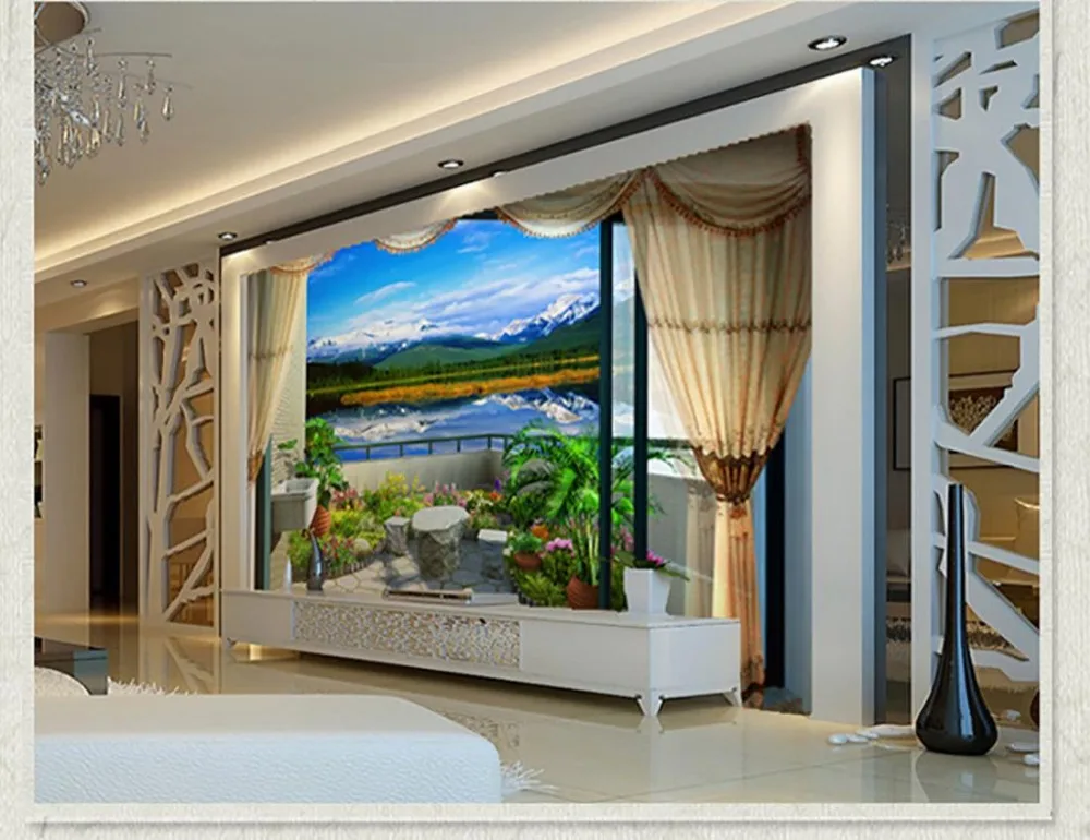 3d обои для ванной комнаты интерьер окно настенная роспись фото рисования