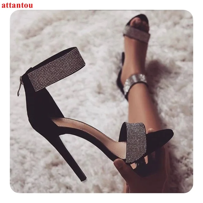 

Woman sandals black suede leather rhinestones decor cover heel open toe thin heel femmale high heels single shoes ankle strap