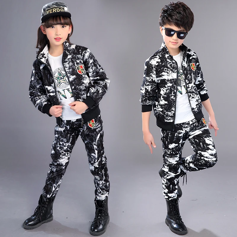2021 Spring Fall New Children Camouflage Suit Boys Military Uniform Girls Sport Clothes Kids Jacket + Pants 2 Pcs Tracksuit X158 | Детская