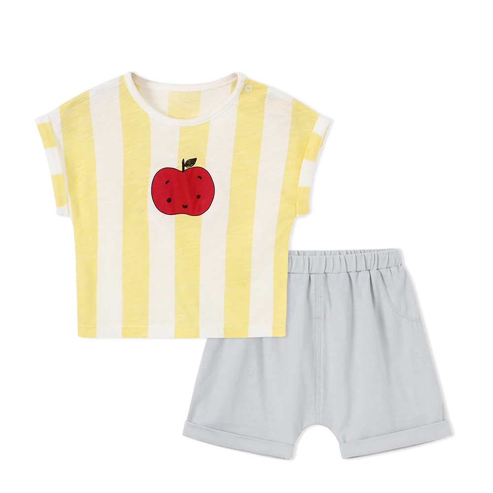 Balabala Babys 2-Piece Short Sleeve Open Shoulder T-shirt in Print + Pull-on Shorts Set Infant Newborn Baby Girls Boys Outfit |