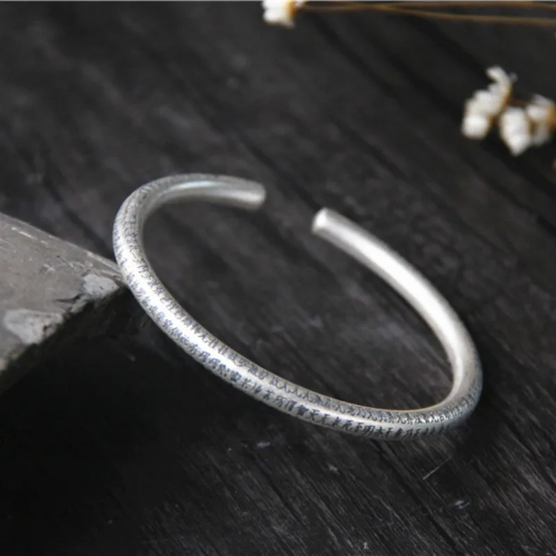 Handmade 999 Sterling Silver Carved THE HEART OF PRAJNA PARAMITA SUTRA Bangles For Men Women om mani padme hum Bangle Jewelry | Украшения и