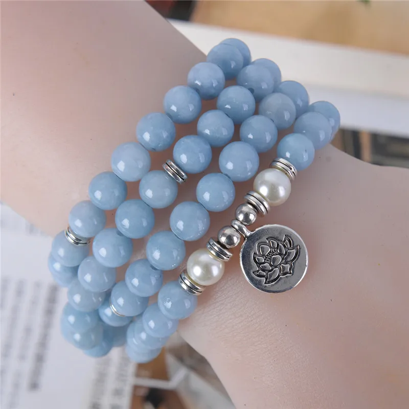 Браслет из нитей небесно синего лотоса 108 Mala браслет для йоги ожерелье женщин