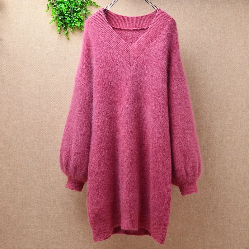 Повседневный Модный женский зимний длинный пуловер с v-образным вырезом из Ангорского кроличьего меха, Свободный пуловер с длинными рукавами-фонариками, свитер, платье ручной вязки