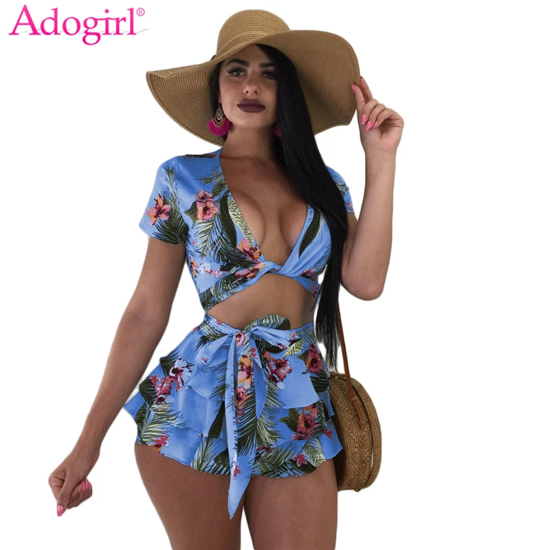 Женский укороченный топ Adogirl пляжные шорты с цветочным принтом глубоким v