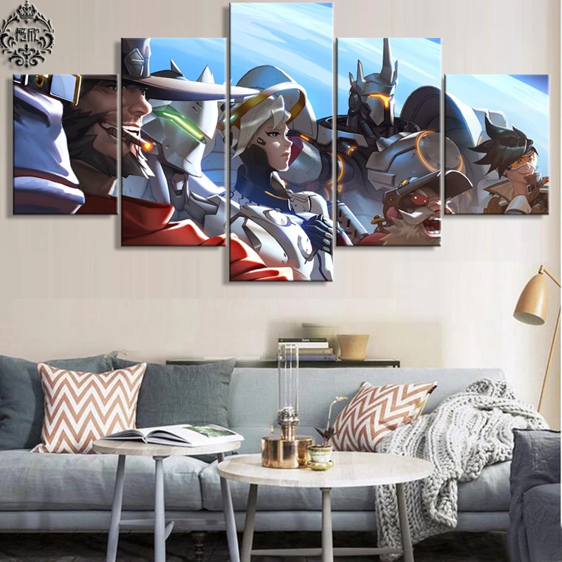 Картина на холсте 5 панелей Настенная картина Overwatch печатный плакат Современный