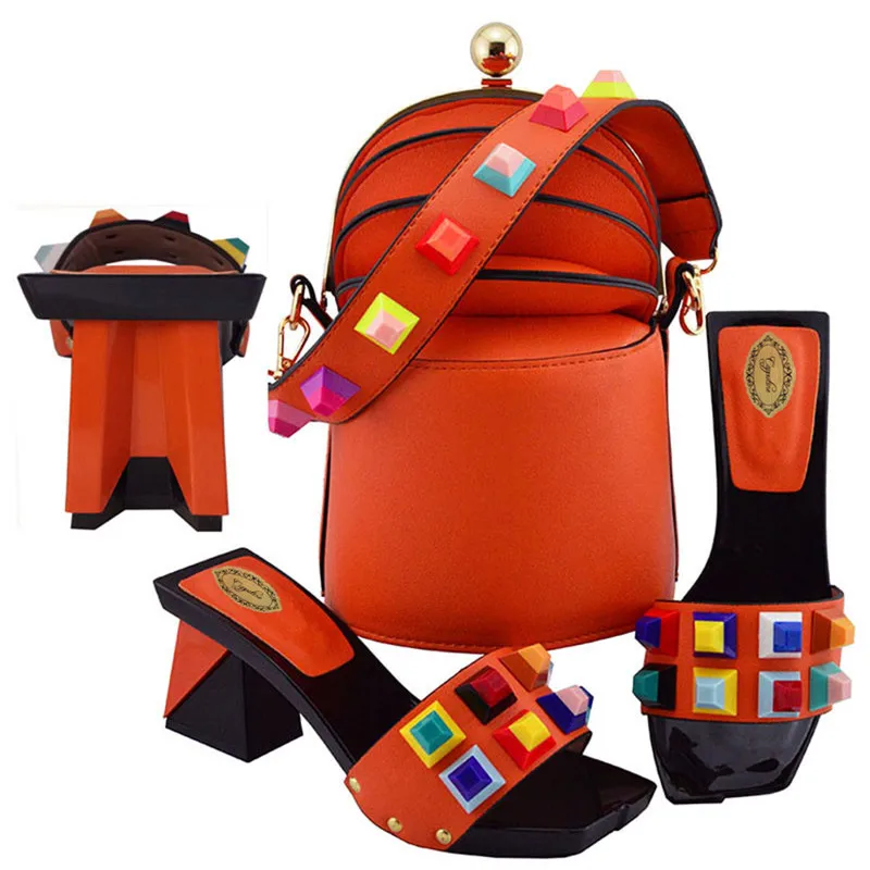 Оранжевый Latest Fashion PU Leather Shoes And Bags To Match Set Nigerian Woman Shoes With Bag Set Bag Set For Wedding On Stock MD011 - Цвет: Оранжевый