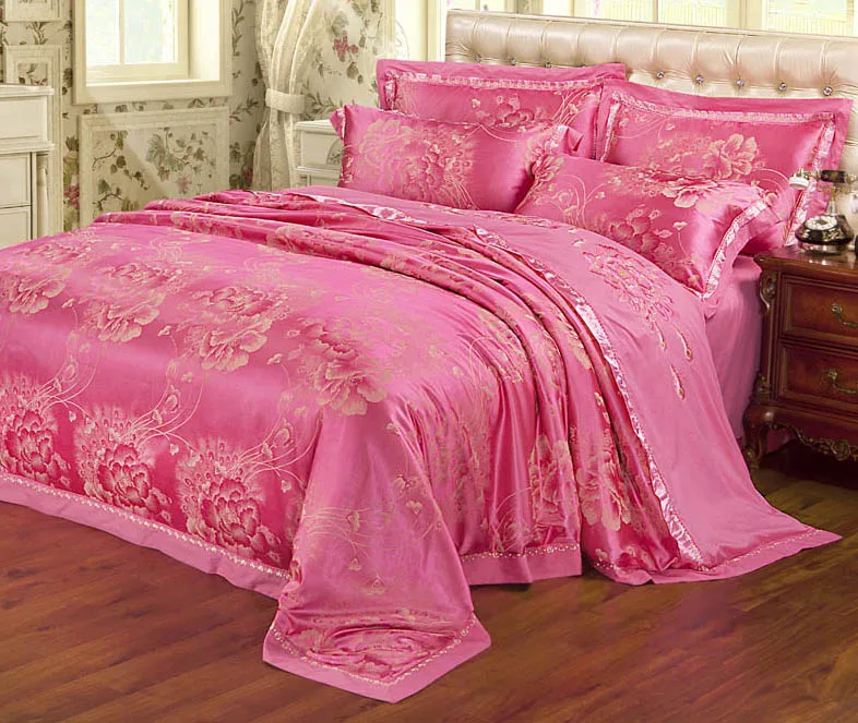 Розовый жаккард цветы постельных принадлежностей шелковое западный стиль две