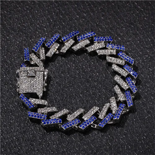 Silver and Blue Полная AAA 20 см кубинская цепь Bling Iced Out Циркон Стразы проложили Стразы мужские браслеты для мужчин хип-хоп ювелирные изделия - Окраска металла: Silver and Blue