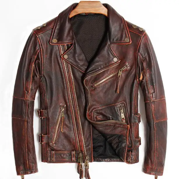 Мужские Куртки из натуральной кожи в стиле панк, винтажное байкерское пальто из натуральной воловьей кожи в стиле ретро, зимнее Брендовое пальто красного цвета, большие размеры 4XL