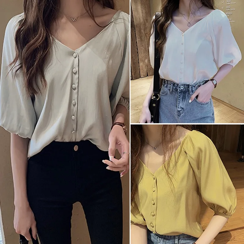 

Summer Korean Tops Women Blouses Sexy Puff Sleeve Blouse Women Shirts Ruffle Top Streetwear V Neck Solid Color Shirt