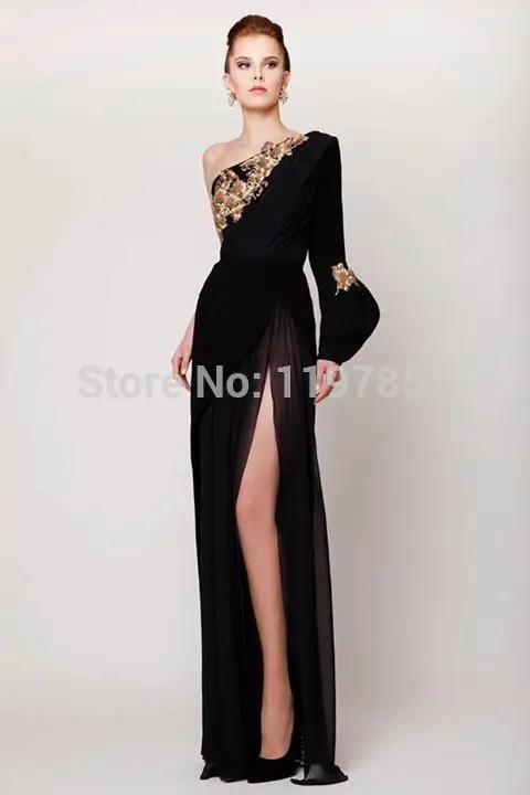 Domineering Black Embroidery Evening Dress One Shoulder Long Sleeve Formal Gown High Side Slit Party | Свадьбы и торжества
