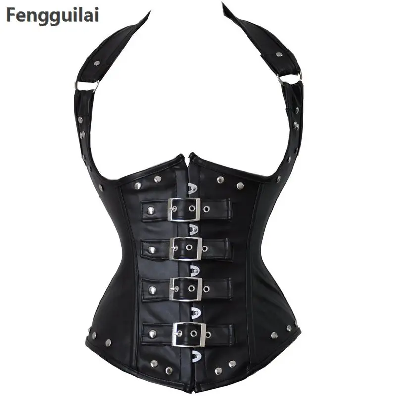 Черный красный корсет в стиле стимпанк с лямкой на шее 6xl стальной косточками из