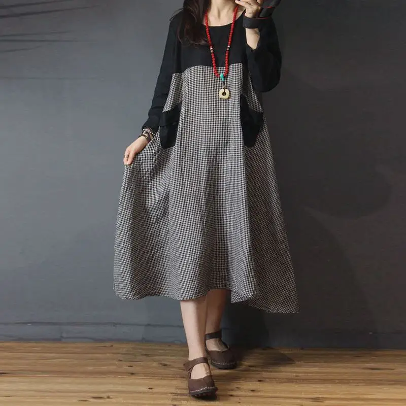ZANZEA Women Autumn Plaid Dresses Casaul Long Sleeve Patchwork Baggy Maxi Dress Female Robe Kaftans Vintage Vestidos Plus Size