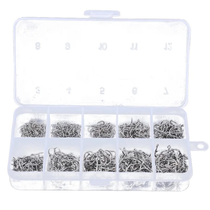 

500pcs Fish Jig Hooks with Hole Fishing Tackle Box 10 Sizes Carbon Steel