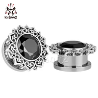 kubooz fashion stainless steel zircon vintage flower ear plugs and tunnels ear screw gauges expanders body piercing jewelry 2pcs