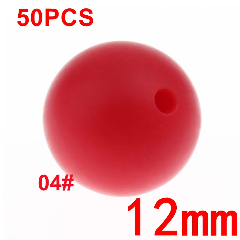 04 Scarlet Red 50 шт., 12 мм, круглые силиконовые бусины для прорезывания зубов, BPA бесплатно, Детские Прорезыватели, соски, клипсы, цепочка, сделай сам, для детей, жевательные игрушки для душа, подарок - Цвет: 04 Scarlet Red
