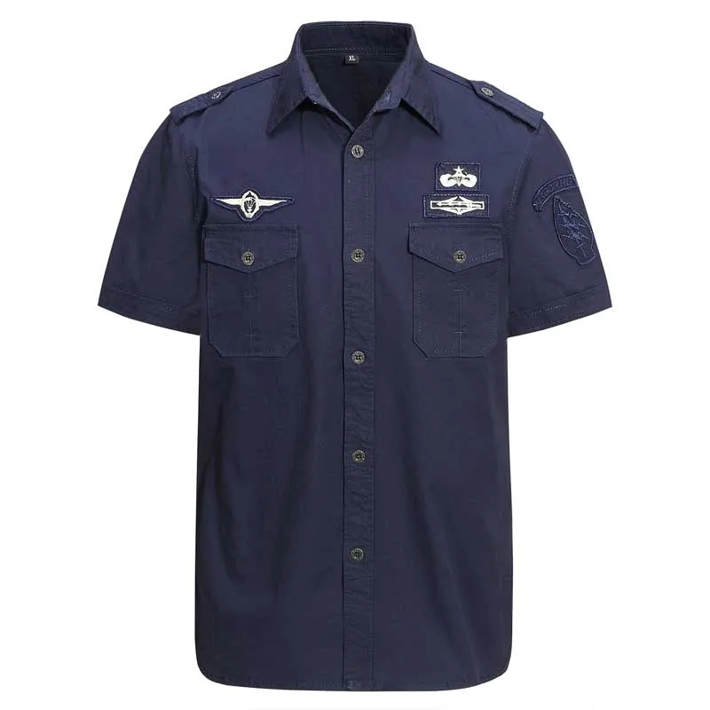 Военные Стиль хлопковая рубашка летние Для мужчин повседневная короткий рукав с вышивкой Sliimming Большой Размеры