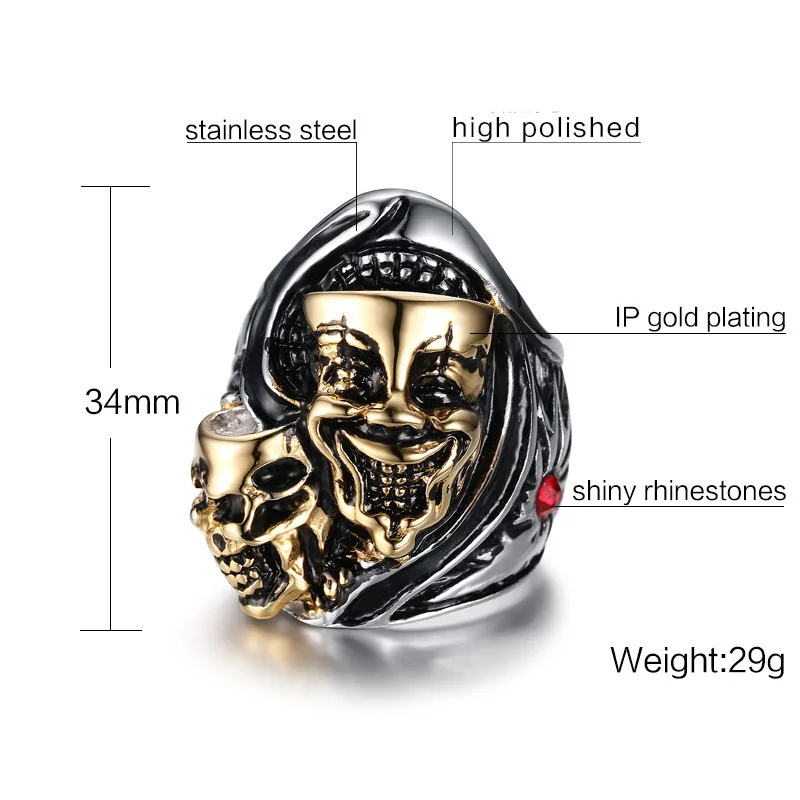 Ceilim 34 мм преувеличены Skull Ring Для мужчин Нержавеющая сталь двойной призрак s