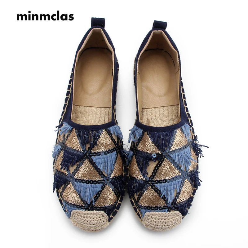 MInmclas Alpargatas Espadrilles; шикарные удобные слипоны; Женские Повседневные тапочки; дышащие льняные парусиновые туфли из конопли с кисточками и блестками для девочек