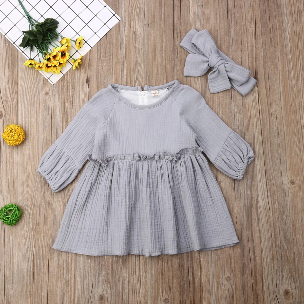 2019 New Cute Infant Kids Baby Girls Dress Headband 2pcs Puff Sleeve Solid Knee Length A-Line | Детская одежда и обувь