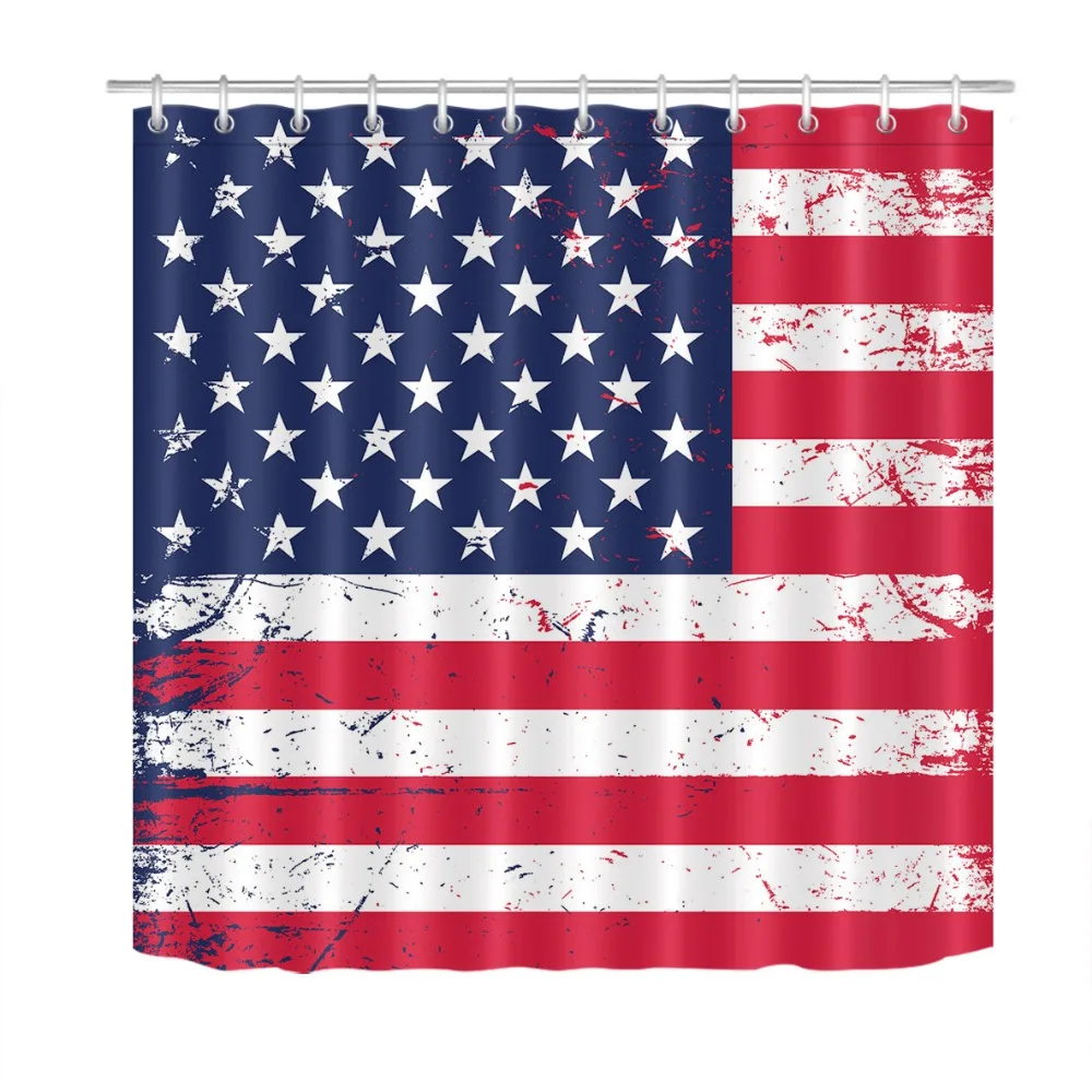 Funny American flag White Red stripe Blue Star Shower Curtain 12 Hooks Sets Kids Bathroom mat Waterproof Polyester Fabric Cloth | Дом и сад