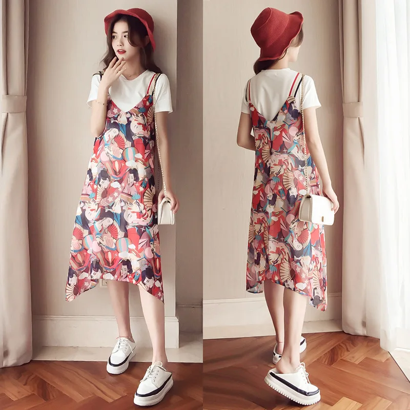 

Summer Women's New Strap Print Slim Beach Dress V-neck Dress