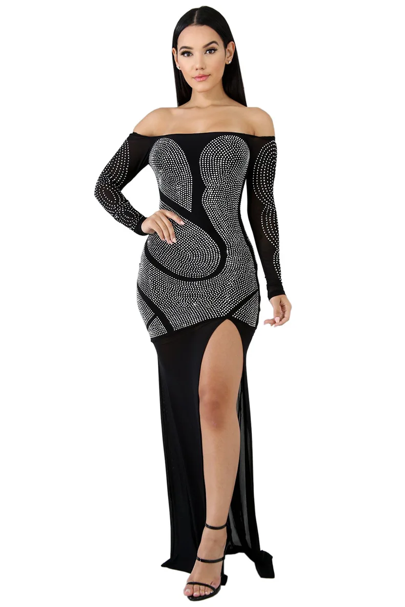 Adogirl Sheer Mesh лоскутное алмазы Вечеринка платье для женщин пикантные с открытыми плечами длинным рукавом Высокий разрез Bodycon макси платья - Цвет: black dress