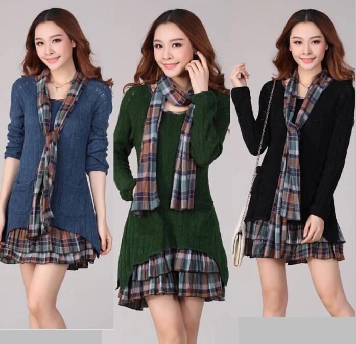 С шарфом! 2015 новый зима женщины свитер платье теплый свободного покроя плед