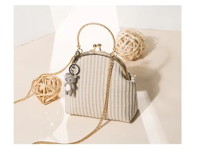 Vintage Ladies Shoulder Bags Bear Pendant Chain Crossbody Metal Handle Large Capacity Handbag For Women Striped Girls Bag | Багаж и сумки