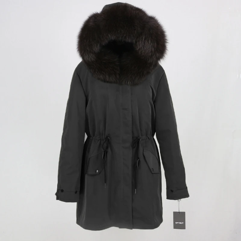 black dark brown OFTBUY, зимняя женская куртка, пальто из натурального меха, длинная парка, воротник из натурального меха енота, капюшон, водонепроницаемая верхняя одежда, теплая уличная одежда - Цвет: black dark brown