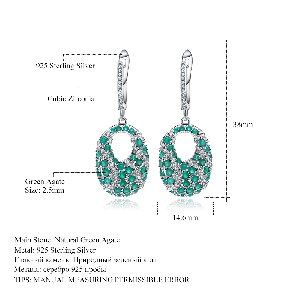 Женские овальные серьги GEM'S натуральный зеленый агат камень Стерлинговое