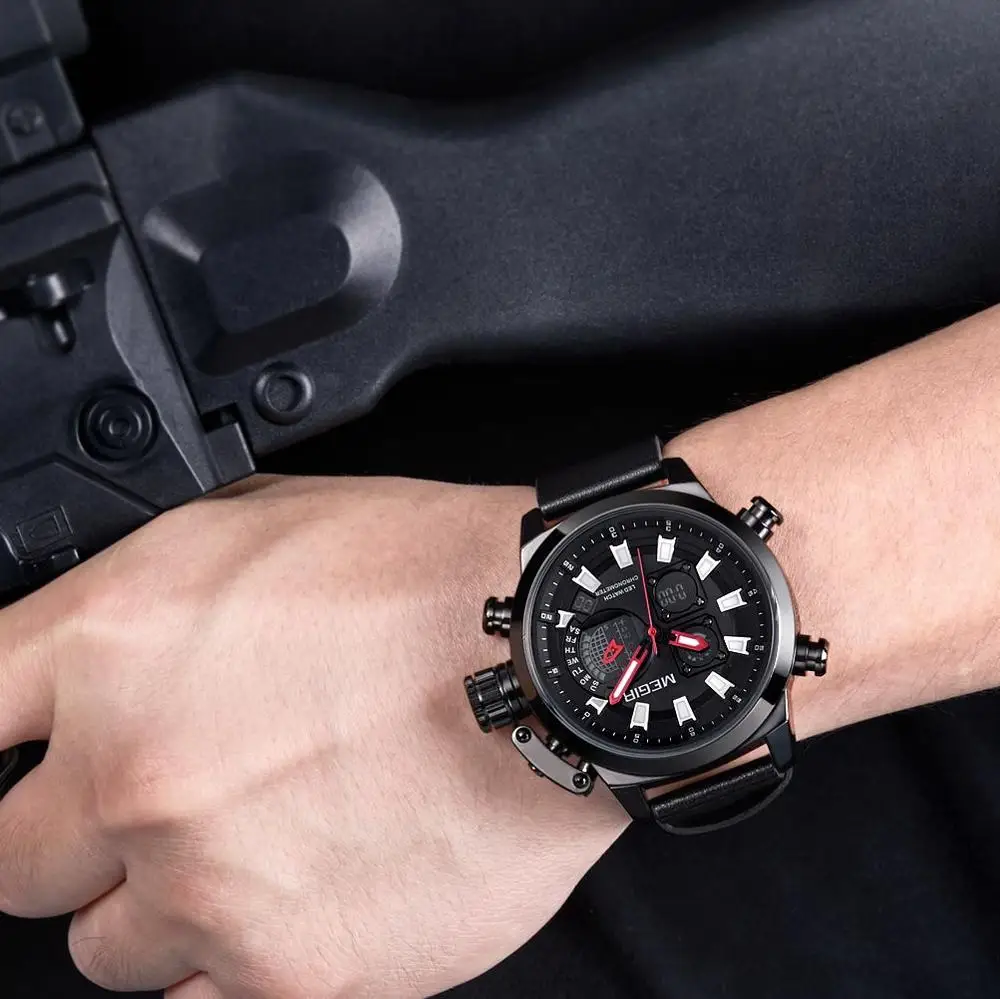 

MEGIR Men's Sports Waterproof Multi-function Watch Alarm Clock Luminous Leather Quartz Watch Calendar Military Watch Men relojes