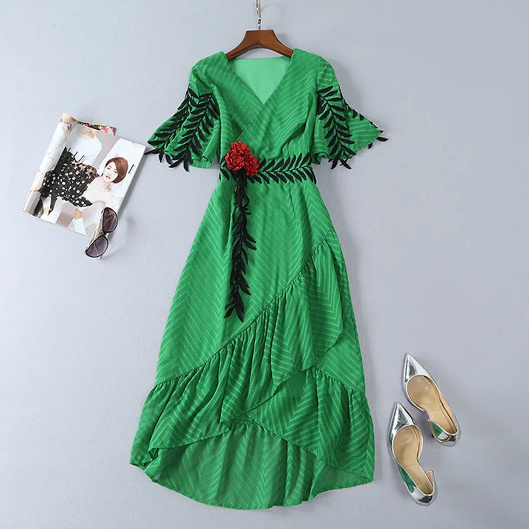 

Women Dress 2018 Summer Women Embroidery Flower Flare Half Sleeve Green V-Neck Asymmetrical Dress New Arrival Guesod