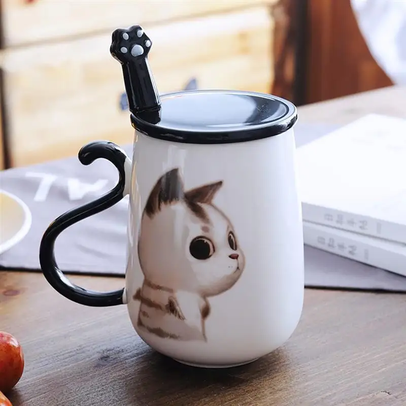 Керамическая кофейная кружка с милым рисунком кота с ложкой и крышкой, креативная большая кофейная кружка 450 мл для здорового кота