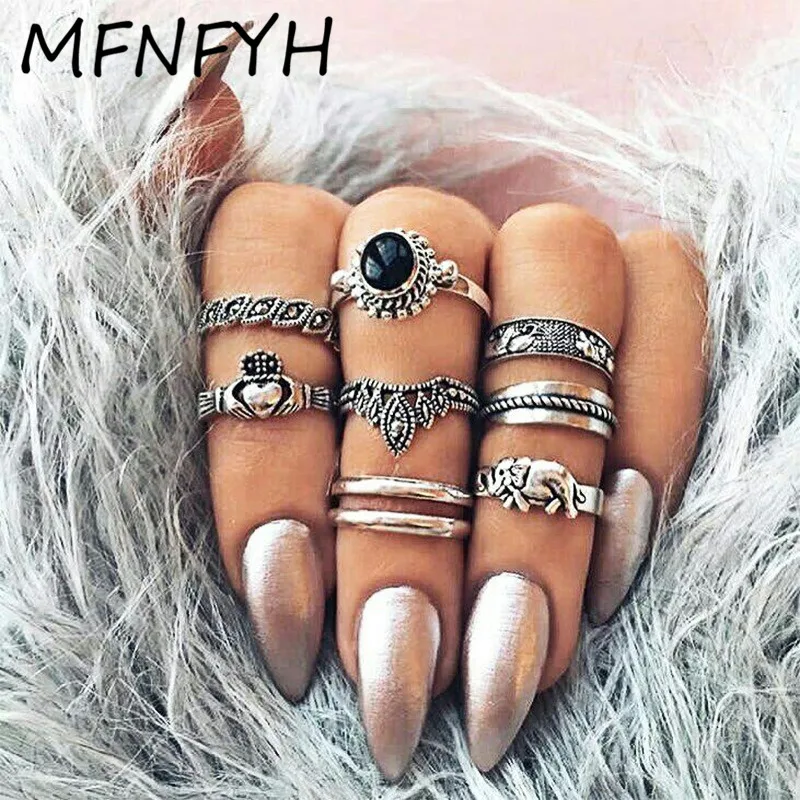 MFNFYH 8 шт./компл. богемная черная бусина любовь сердце кольцо набор ювелирных