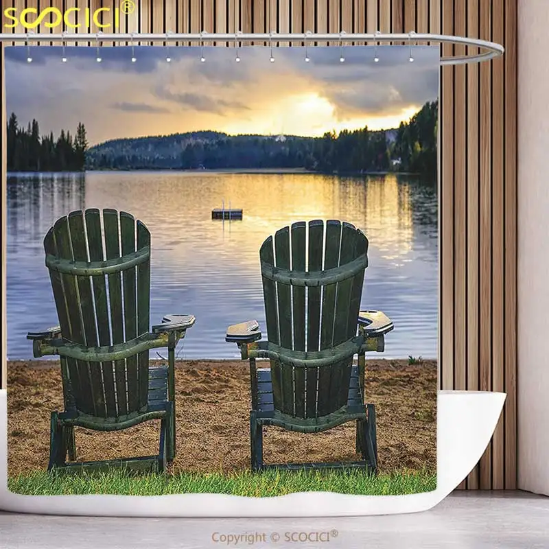 

Крутая занавеска для душа, Морской Декор, два деревянных стула на релаксации на закате. Альгонкин, парк провинции, Канада, темно-синий, зеленый