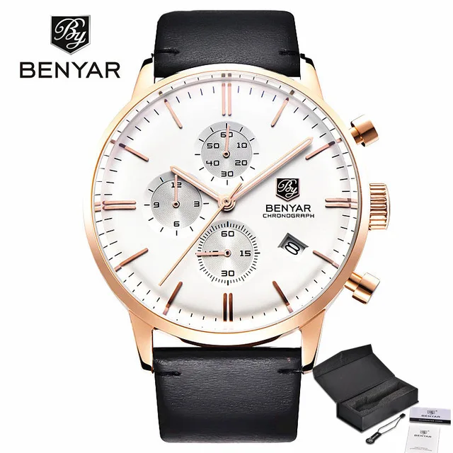 Gold-L Black BENYAR Для мужчин спортивные часы Повседневное модный бренд Водонепроницаемый военные календарь кожаные кварцевые часы, простой Relogio Masculino - Цвет: Gold-L Black