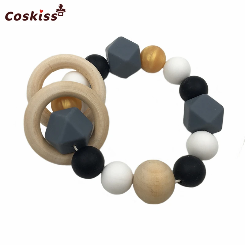 Pulsera mordedor para beb&eacute;, anillo de madera con cuentas de silicona, mordedor seguro para la Naturaleza, brazalete org&aacute;nico para beb&eacute;-3