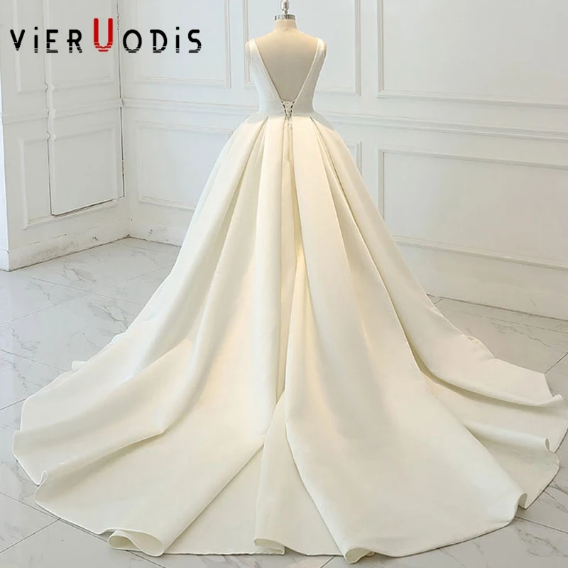Элегантное блестящее атласное свадебное платье с v-образным вырезом Vestido De Noiva Evase